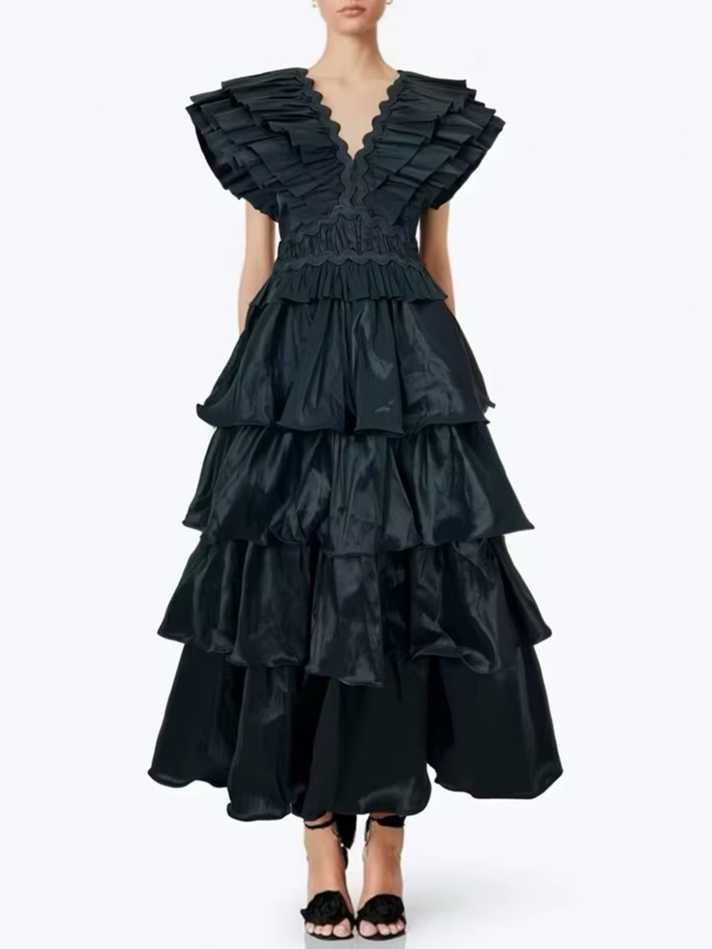 Fancy Boutique Black Tiered Ruffle V-Neck Women's Dress